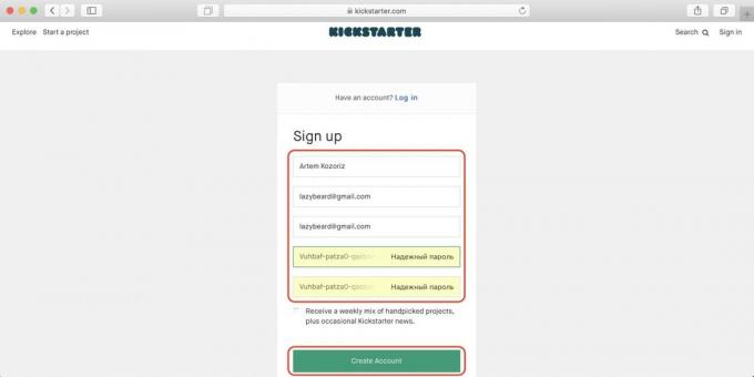 איך לקנות ב Kickstarter: הזן שם, אימייל וסיסמה, ואז ללחוץ על כפתור ירוק