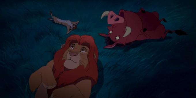 Cartoon "מלך האריות": סימבה, טימון ופומבה הם תחת שמי הלילה ולחשוב על טיב כוכבים
