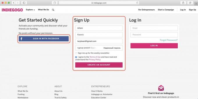 איך לקנות על Indiegogo: הזן את השם, האימייל והסיסמה, או שלט עם פייסבוק