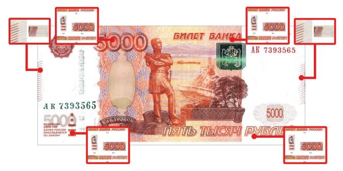 כסף מזויף: תכונות אותנטיות הנראות למגע, כדי 5000 רובל