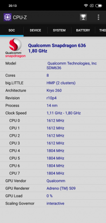 סקירה Xiaomi redmi הערה 6 Pro: CPU-Z