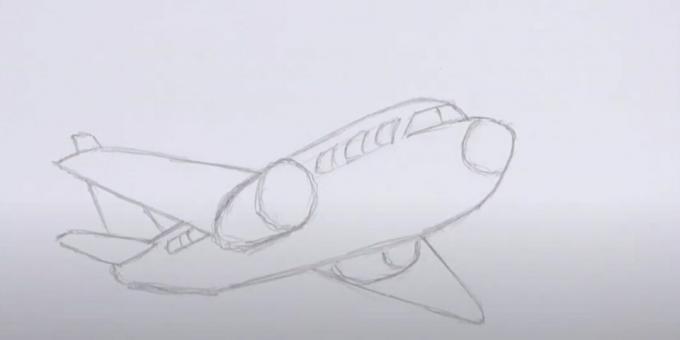 איך מציירים מטוס: מציירים את האשנבים, הזכוכית והמנוע