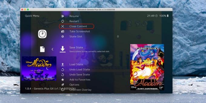 כיצד להשתמש ב- Retroarch: לחץ על סגור תוכן