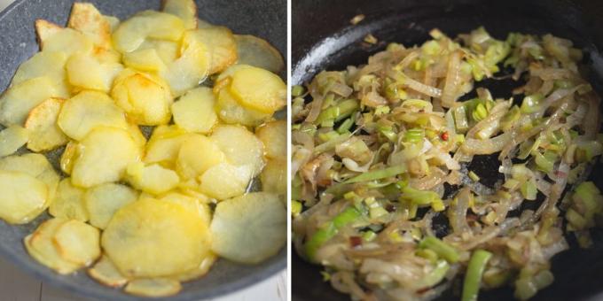חביתת תפוחי אדמה: מטגנים את הבצלים ותפוחי אדמה