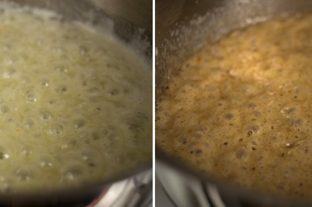 איך מכינים פנקייק צרפתי: לאחר 3-4 דקות הקרמל יקבל גוון חום זהוב נעים