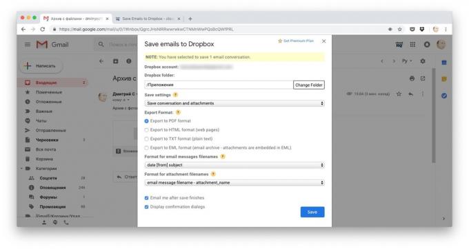 דרכי קבצי הורדת Dropbox: להעתיק את המכתב כולו על ידי מיילים שמורים כדי Dropbox