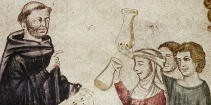 רפואה מימי הביניים: קבלת בדיקות מהרופא הנזיר קונסטנטין המאה האפריקאית, המאה ה -14. 