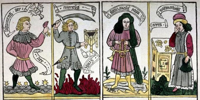 רפואה מימי הביניים: התגלמות ארבעת ההומורים, תחריט גרמני, 1460-1470