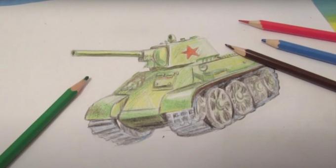 ציור טנק עם עפרונות צבעוניים