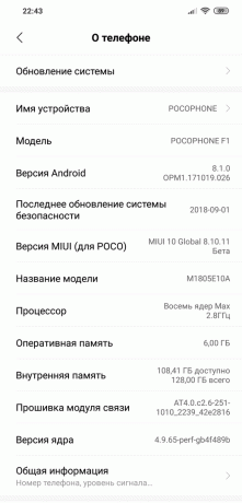 לסקור Xiaomi Pocophone F1: מערכת גרסה
