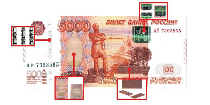 כסף מזויף: תכונות אותנטיות המוצגים כאשר זווית הראייה ב 5000 רובל