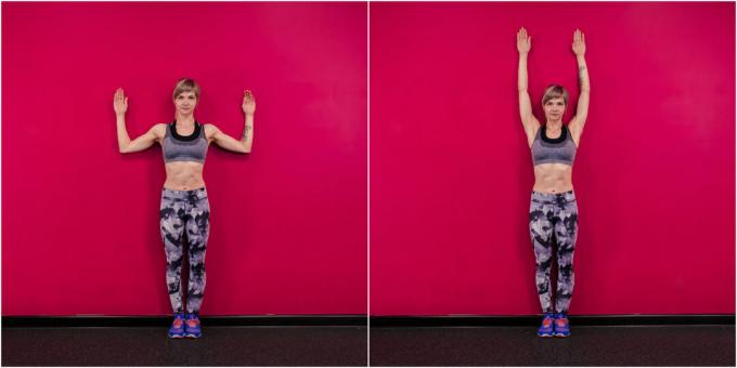 כיצד להגדיל את השדיים בפעילות גופנית: להרים את הידיים ליד הקיר