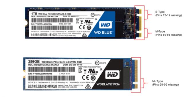 מהו SSD טוב יותר: מפתח C SSD M.2 B + M (עליון) ו SSD M.2 עם M המפתח (התחתונה)