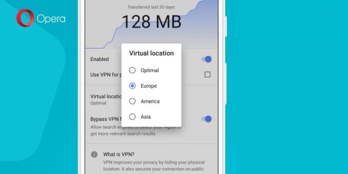 Built-in VPN עבור מכשירי אנדרואיד עם בטא אופרה: בחירה באזור