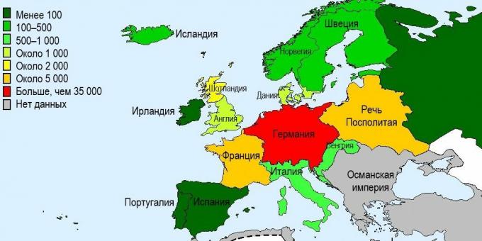מספר המכשפות ההרוגים במדינות אירופה במאות ה -15 - 17.